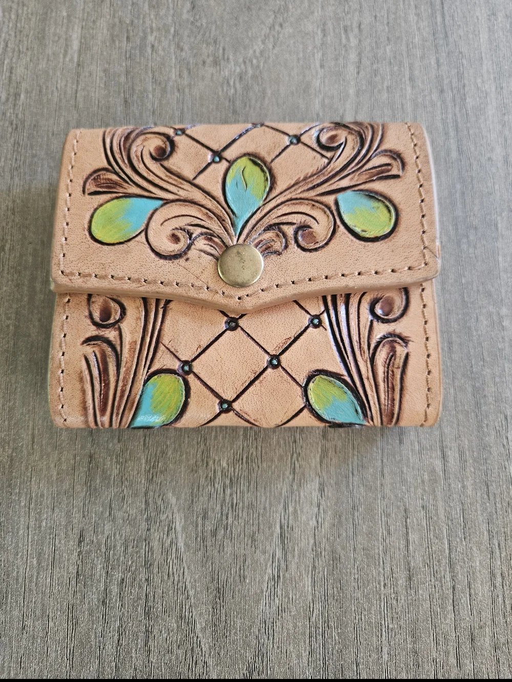 Hand-Tooled Hand Painted Floral Leather Wallet in Tan with Teal Accents-NWOT